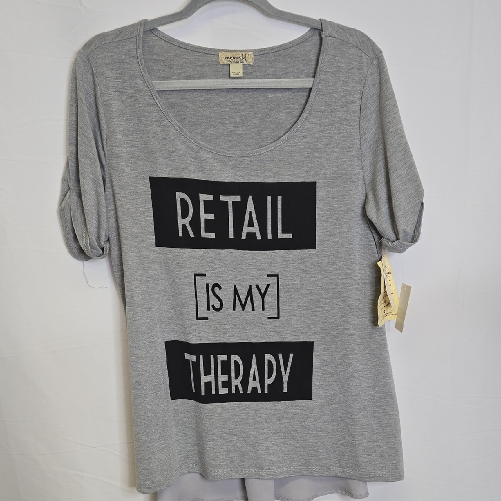 One World "Retail Is My Therapy" Graphic Tee, Gray, Womens Size Small, NEW